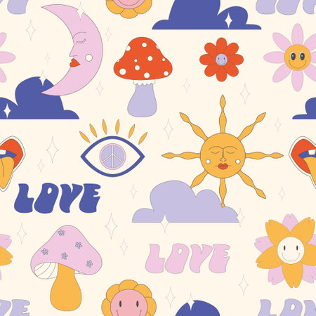 Groovy hippie 1970s background. Funny cartoon flower, rainbow, peace, Love, heart, daisy, mushroom etc.のイラスト素材