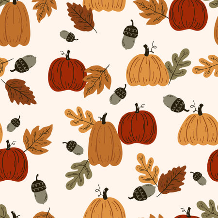 Seamless autumn pattern with pumpkins and leaves. Endless repeatable autumn harvest texture.のイラスト素材