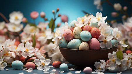 Wooden bowl with beautiful Easter eggs and spring cherry flowers.