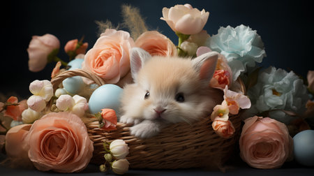 Easter composition with little cute baby bunny in basket, spring flowers and colorful Easter eggs.の写真素材