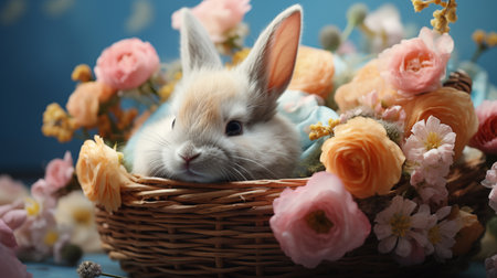 Easter composition with little cute baby bunny in basket and colorful spring flowers.