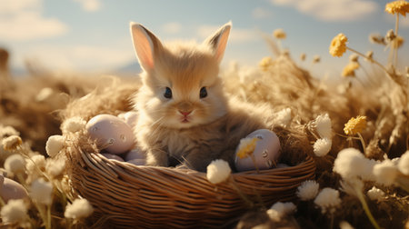 Easter composition with little cute baby bunny in basket, spring flowers and colorful Easter eggs.