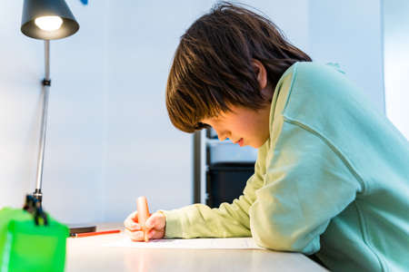 Young school boy doing his homework sitting at the table at home. Concentrated kid writing exercises. Homeschooliong concept.の写真素材