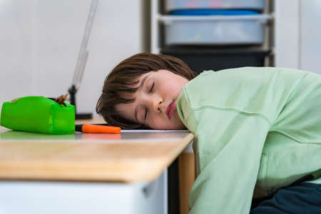 Young boy of ten years old doing his homework sitting at the table at home. Tired child asleep when...