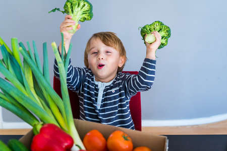 Little boy sitting at the table and taking broccoli in his hand. Set of different fresh vegetables in a cardboard box. Teaching child to healthy and varied vegitaria food.の写真素材