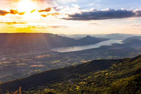 Beautiful aerial view from Croix Nivolet to mountain Bourget lake in France at sunset.の写真素材