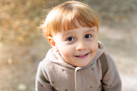 Close up portrait of a blond little boy outdoor. Child looking at the camera and smiling. Toddler wearing jacket spending time in a forest in sunny fresh weather.の写真素材