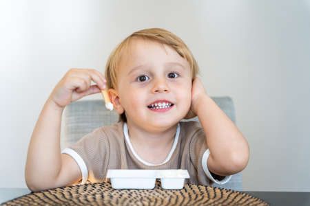 Little preschool boy eating a snack, sitting at the table. Bio healthy food concept. Child looking at the camera.の写真素材