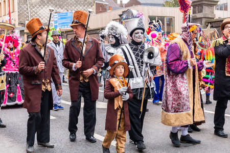 Binche, Belgium - February, 2019: Participants in the Carnival of the city of Binche in Hainaut, Belgium. The Carnival is part of the Unesco World Heritage.のeditorial素材
