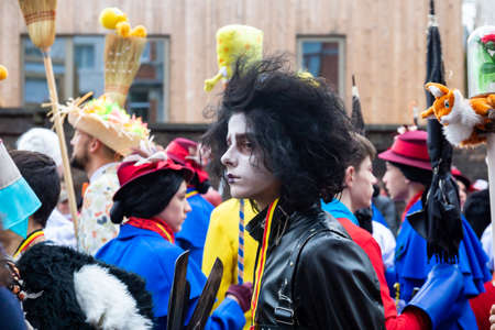 Binche, Belgium - February, 2019: Participants in the Carnival of the city of Binche in Hainaut, Belgium. The Carnival is part of the Unesco World Heritage.のeditorial素材