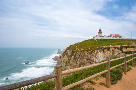 view of the ocean and hills of Cabo da Roca, Portugalの写真素材