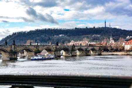 Bridge in front of the mountainの写真素材
