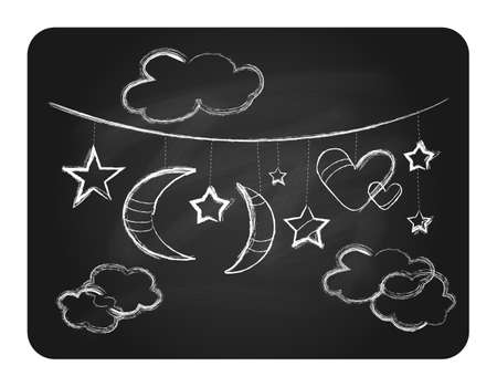 Illustration of black chalkboard with white clouds moon and starsのイラスト素材