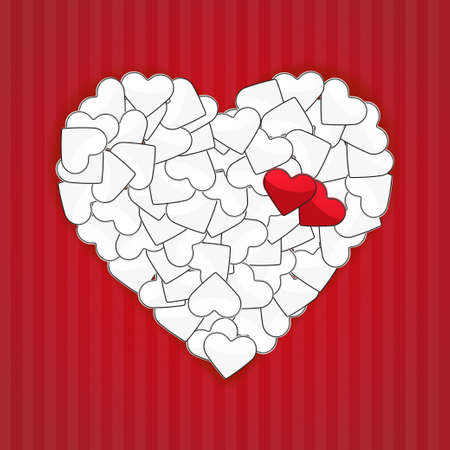 Big white heart with two red hearts on a red stripped background.のイラスト素材