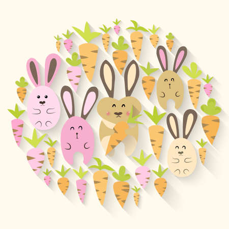 Illustration of Easter pink rabbits and carrots icon setのイラスト素材