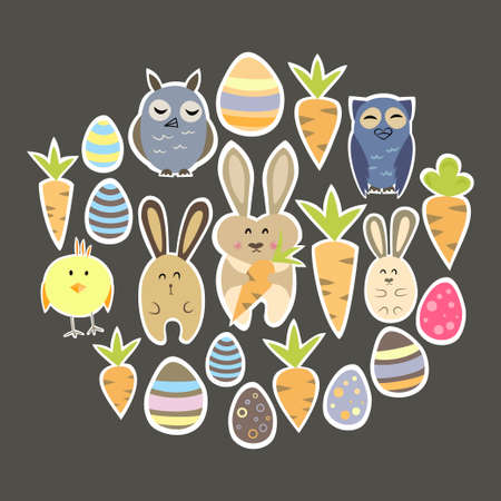 Illustration of colorful Easter set on a brownのイラスト素材