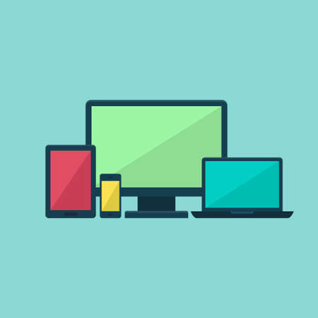 Illustration of Colorful flat technology devices set over blueのイラスト素材