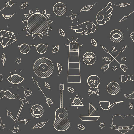 Vector illustration of hand drawn doodle hipster seamless pattern. Hand drawn background over brown.