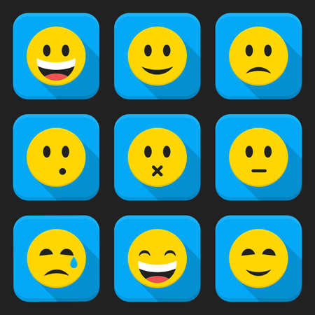 Flat style vector illustrations with long shadows; Yellow smiling faces squared app icon setのイラスト素材