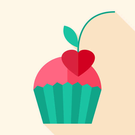 Cupcake with cherry. Flat stylized object with long shadow