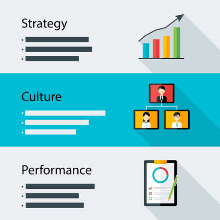Strategy culture performance business template. Flat stylized template with text and long shadowのイラスト素材