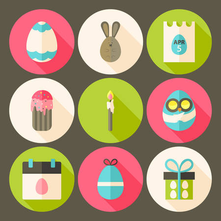 Easter flat styled circle icon set 3 with long shadow. Flat stylized circle vector colorful illustrationsのイラスト素材