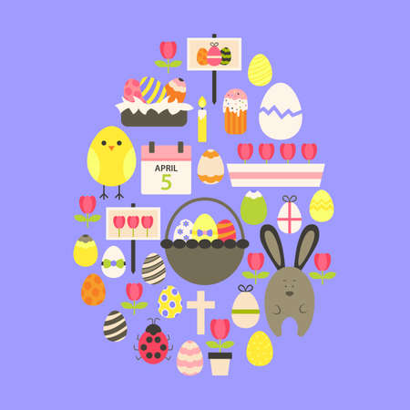 Easter Flat Icons Set Egg shaped over purple. Flat stylized holiday icons set Egg shapedのイラスト素材