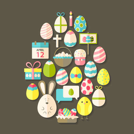 Easter Flat Icons Set Egg shaped with shadow over brown. Flat stylized holiday icons setのイラスト素材