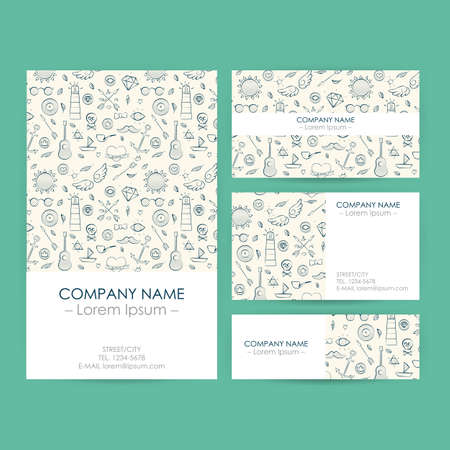 Vector Business Set Template with Hand Drawn Marine Illustrations. Flyer, Banner and Business Card Designのイラスト素材