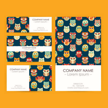 Vector Business Set Template with Owls Illustrations. Flyer, Banner and Business Card Designのイラスト素材