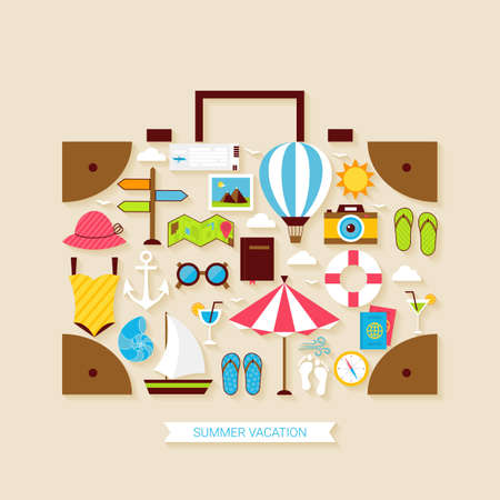Flat Vacation Travel Summer Holiday Objects Set. Vector Illustration of Travel Objects Suitcase Shapedのイラスト素材