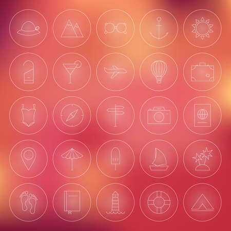Summer Travel Circle Line Icons Set. Vector Set of Summer Modern Thin Line Circle Icons for Web and Mobile over Blurred Abstract  Backgroundのイラスト素材