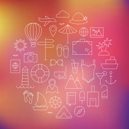 Thin Summer Holiday Line Travel Icons Set Circle Shaped. Vector Illustration of Vacation Objects...