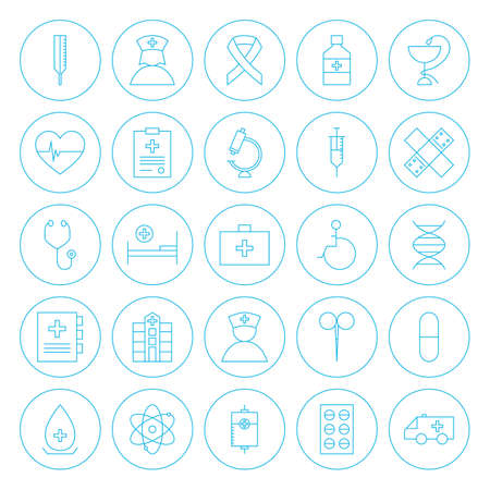 Line Circle Health Care Medical Icons Set. Vector Set of Medical Modern Thin Line Icons for Web and Mobile Circle Shaped over White Backgroundのイラスト素材