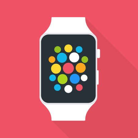 Smart Watch Flat Stylized. Vector Illustration of Flat White Smart Watch with Colorful Display and Long Shadowのイラスト素材