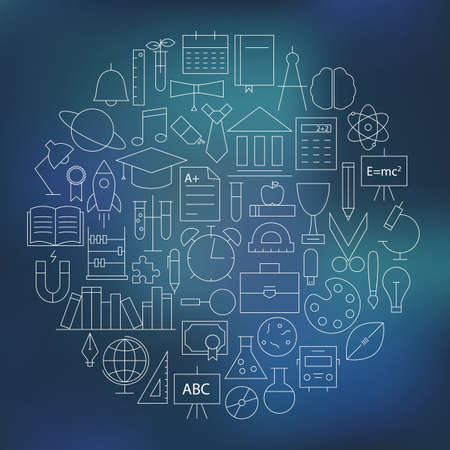 Thin School and Education Line Knowledge Icons Set Circle Shaped. Vector Illustration of Knowledge Objects over Blurred Backgroundのイラスト素材