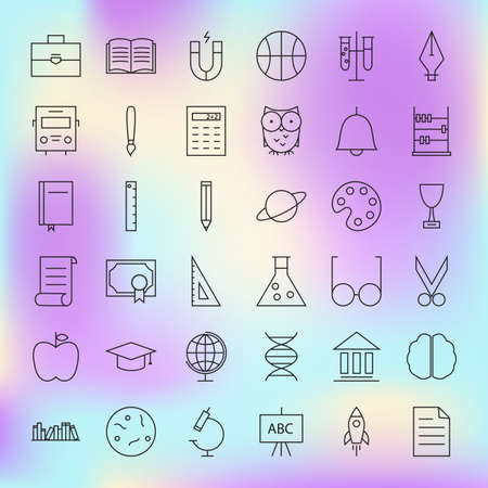 School and Education Line Science Icons Set. Vector Set of 36 Education and Knowledge Modern Thin Line Icons for Web and Mobile over Blurred Backgroundのイラスト素材
