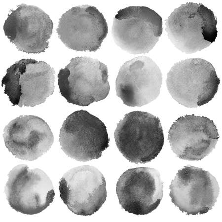 Watercolor Grey Circles Big Set. Watercolor art photoshop compilation significant grain and abstract dark bit mapped graphics. Graphic arts are a raster. Grunge shape for Business background presentation and advertising.の写真素材