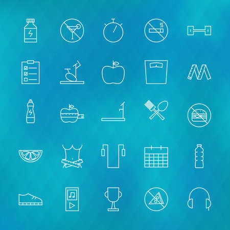 Fitness and Dieting Line Icons Set over Polygonal Blurred Background. Vector Set of Sport and Healthy Lifestyle Food Modern Thin Line Icons for Web and Mobile over Blurred Polygonal Backgroundの写真素材