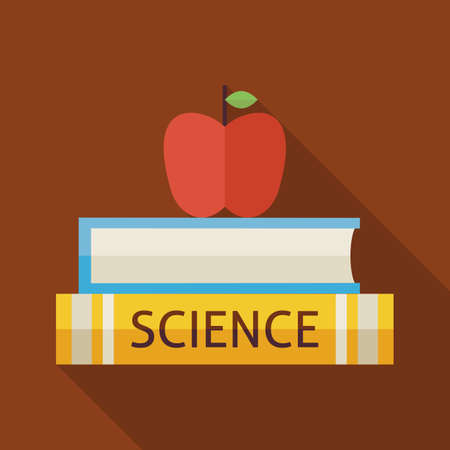 Flat Science Books with Apple and Knowledge Illustration with Shadow. Back to School and Education Vector illustration. Flat Style Colorful Books with long Shadow. Library and Readingのイラスト素材