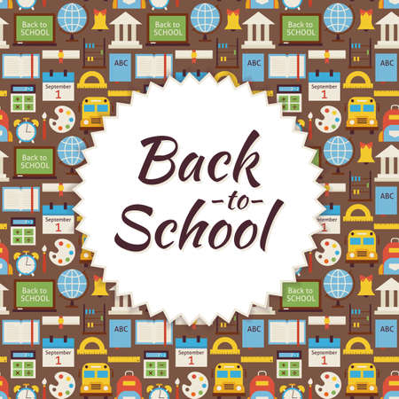 Pattern Back to School Background. Flat Style Vector Illustration for Science Education and Knowledge Promotion Template. Colorful School Tools and Instruments Objects for Advertisingのイラスト素材
