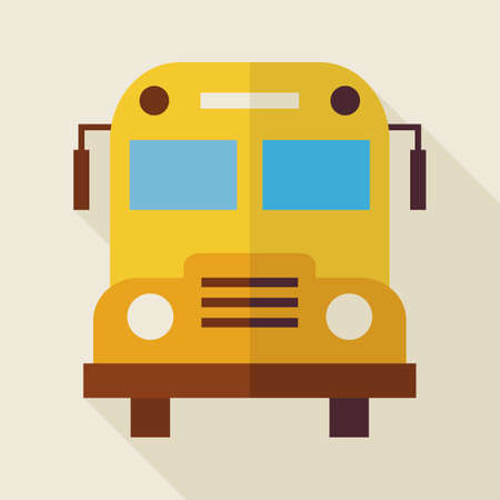 Flat School Bus Illustration with long Shadow. Back to School and Education Vector illustration. Flat Style Colorful Transport Objectのイラスト素材