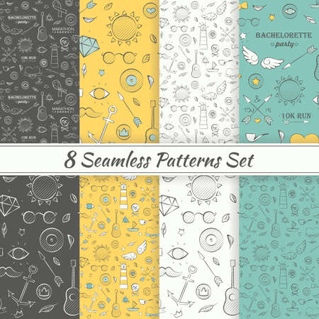 Patterns Sea Summer Hipster Hand Drawn Seamless Patterns Set. Vector 8 Seamless Colorful Pattern Backgrounds. Sketch Doodle Marine Templates.のイラスト素材