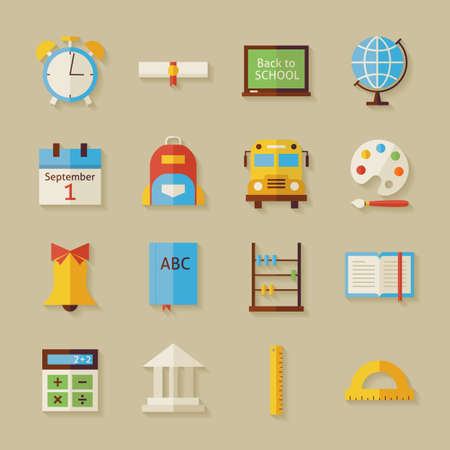 Back to School Objects Set with Shadow. Flat Style Vector Illustrations. Back to School. Science and Education Set. Collection of Objects over Beige Backgroundのイラスト素材