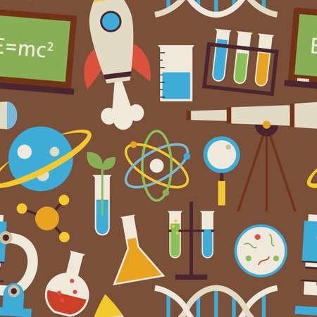Seamless Pattern Science and Education Objects over Brown. Flat Style Vector Seamless Texture Background. Collection of Chemistry Biology Physics Astronomy and Research Templates. Back to School.のイラスト素材