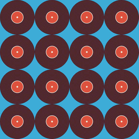 Seamless Pattern Music Vinyl Disc over Blue. Flat Style Vector Seamless Texture Background. Musical Template. Retro Vintage Vinyl Recordのイラスト素材
