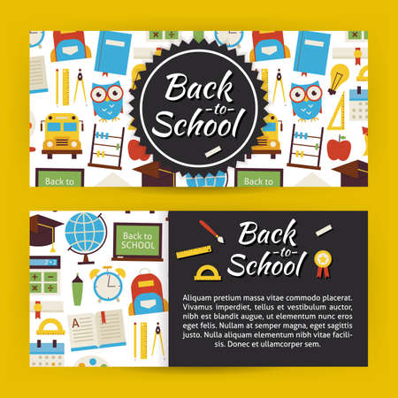 Back to School and Education Template Banners Set. Modern Flat Style Design Vector Illustration of Brand Identity for Knowledge Science University and College Promotion. Colorful Pattern for Advertisingのイラスト素材