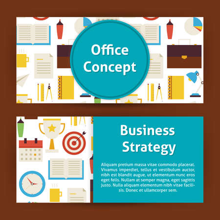 Office Concept and Business Strategy Modern Template Banners Set. Flat Style Design Vector Illustration of Brand Identity for Workplace and Office Life Promotion. Colorful Pattern for Advertisingのイラスト素材