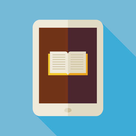 Flat Electronic Book Illustration with long Shadow. Knowledge Reading Open Book. Back to School and Education. Wisdom and Library Vector illustration. Technology Book Object.のイラスト素材