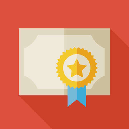 Flat Diploma Award Paper Illustration with long Shadow. Paper Graduation Award with Gold Medal. Sport and Competition Winning Vector Illustration. First Place Winning Diploma Object. Medal with Star and Ribbonのイラスト素材